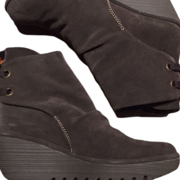 Fly London Suede Yama Wedge Bootie Sludge Brown Lace Up 10 - Picture 6 of 8